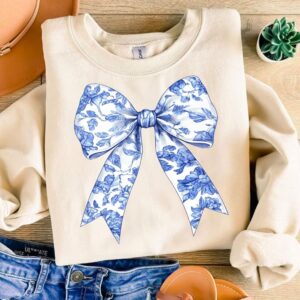 Toile De Jouy Coquette Bow Png, Sweater Girly Aesthetic Png, Blue Floral Bow png, Preppy Bow png, Chinoiserie Bow, Coqu