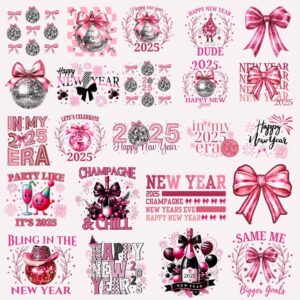 Pink New Year 2025 PNG Bundle Coquette Bow Retro Disco Ball 2025 Era Same Me Bigger Goals Good Vibes PNG Champagne And