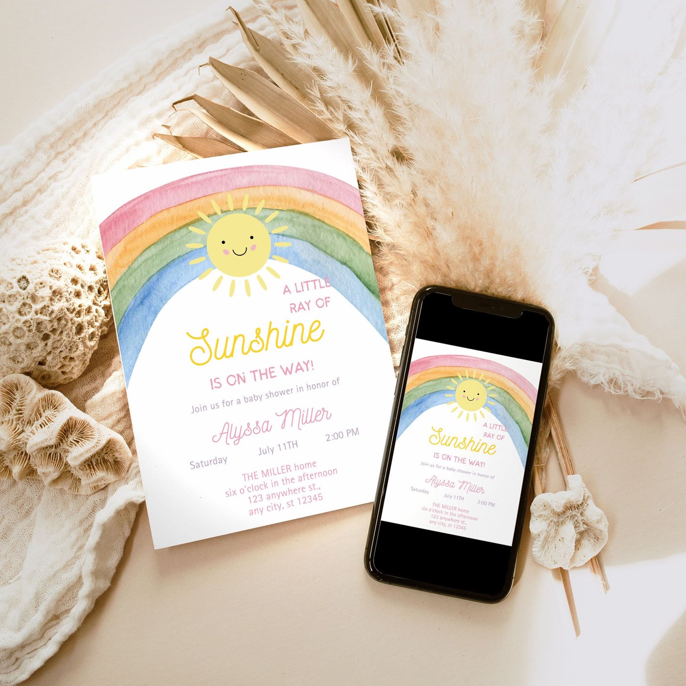 Editable Sunshine Rainbow Baby Invite Pastel Rainbow Little Ray of Sunshine Baby Shower Electronic Invitation Phone Temp