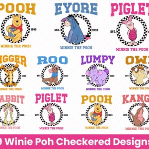 9 Yellow honey bear Checkered Png Bundle, Multi character PNG, checkered Png, Honey bear and friends, tiger rabbit pig,