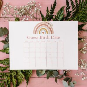 Editable Boho Rainbow Baby Shower Due Date Calendar Pink Pampas Grass Boho Rainbow Baby Shower Guess Birth Date Instant