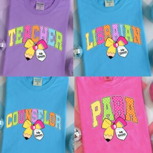 Custom Teacher Back to School PNG Neon Disstressed Bundle, Girly Pink Bow, Colorful, Custom Coquette Bow Para/Librarian/