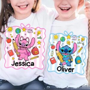 Custom Stich and angel Back to School Girl and boy Png, Blue alien First Day Of School Png, Boy Girl School Png, School