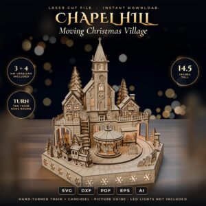 Christmas Train Village Laser SVG, Wooden Chapel and Turning Carousel, Light Up Christmas Decor, Glowforge LightBurn 3mm