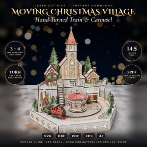 Christmas Train Village Laser SVG, Wooden Chapel and Turning Carousel, Light Up Christmas Decor, Glowforge LightBurn 3mm
