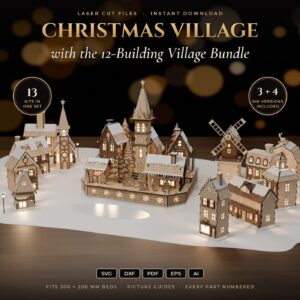 13 Christmas Village Laser Cut File bundle, 3D Light Up Village SVG DXF, Clock Tower Church Houses Trees, Glowforge xToo