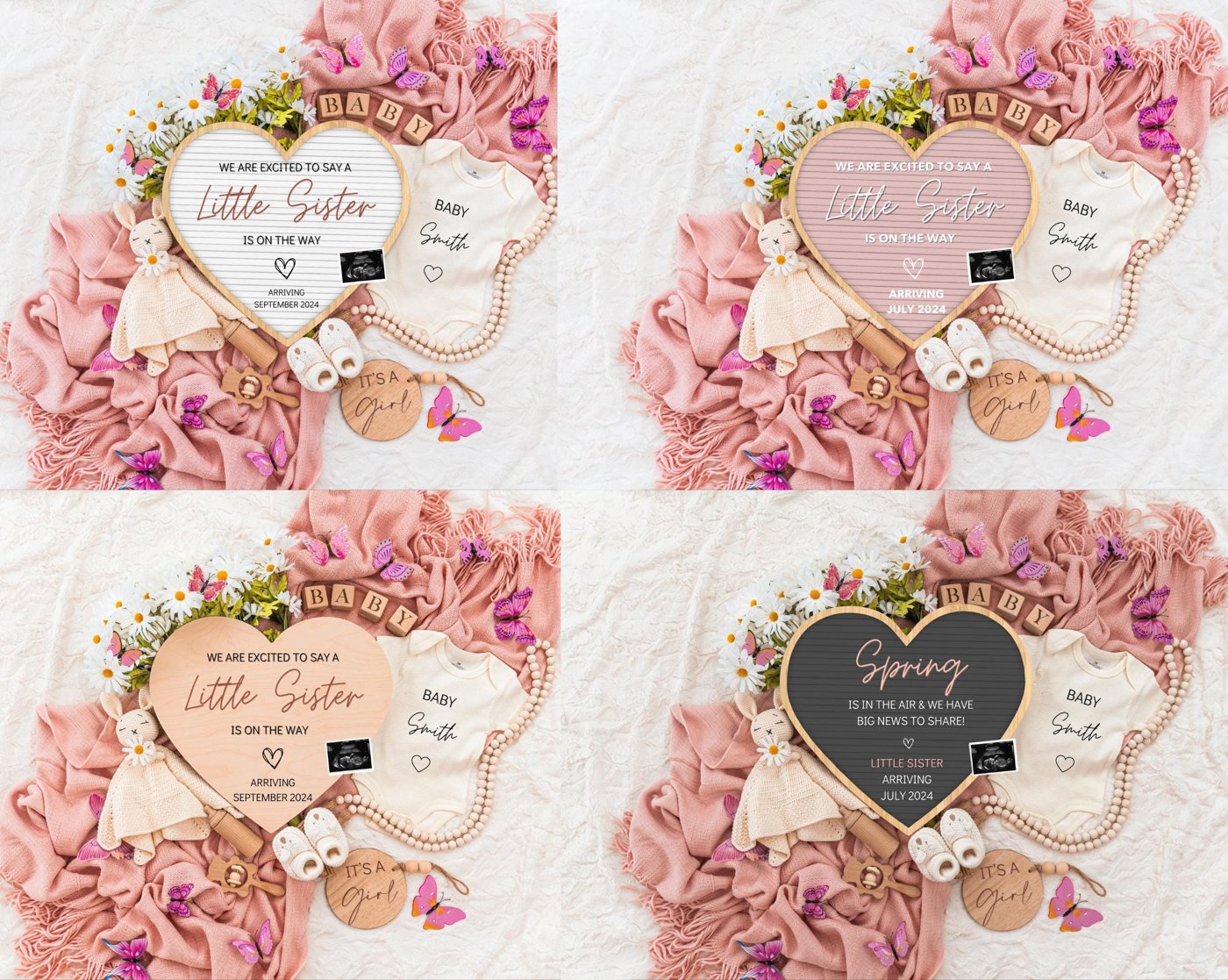 4 in 1 Template, Girl Pregnancy Announcement Digital Baby Announcement Girl Gender Reveal Social Media Reveal Editable T