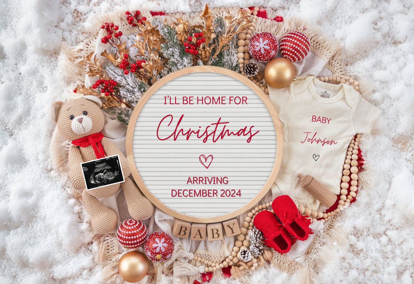 Snow Christmas Pregnancy Announcement Holiday Digital Baby Announcement Editable Template Instant Download Girl Gender R