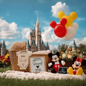 Whimsical Pregnancy Reveal – Editable Digital Template Featuring Mikey & Mini, Gender-Neutral Design with Magic Castle