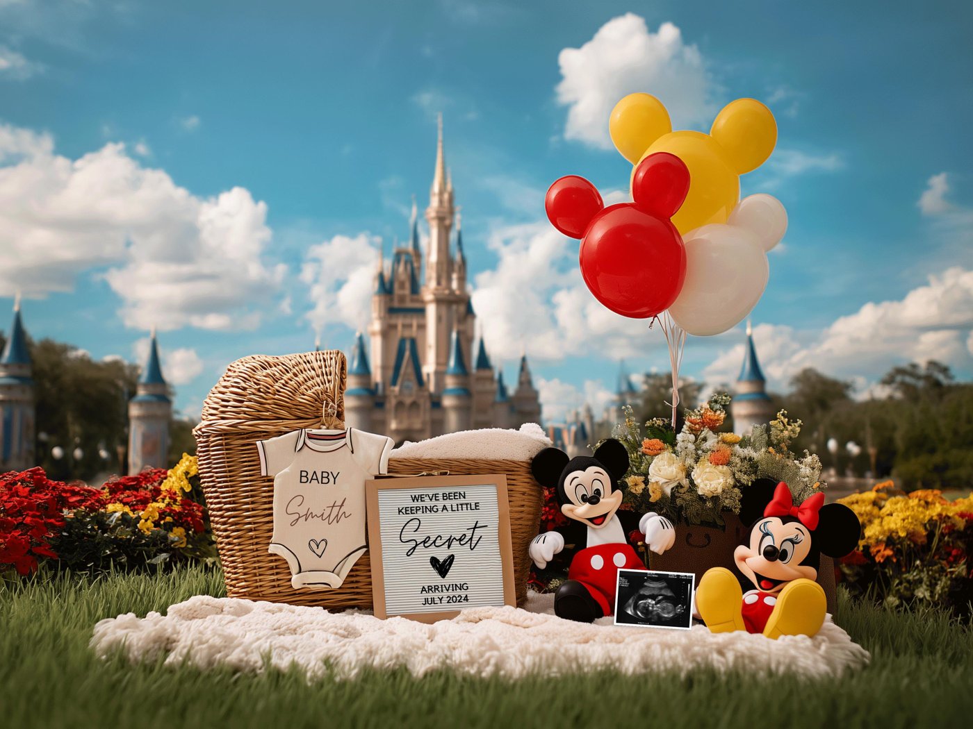 Whimsical Pregnancy Reveal – Editable Digital Template Featuring Mikey & Mini, Gender-Neutral Design with Magic Castle