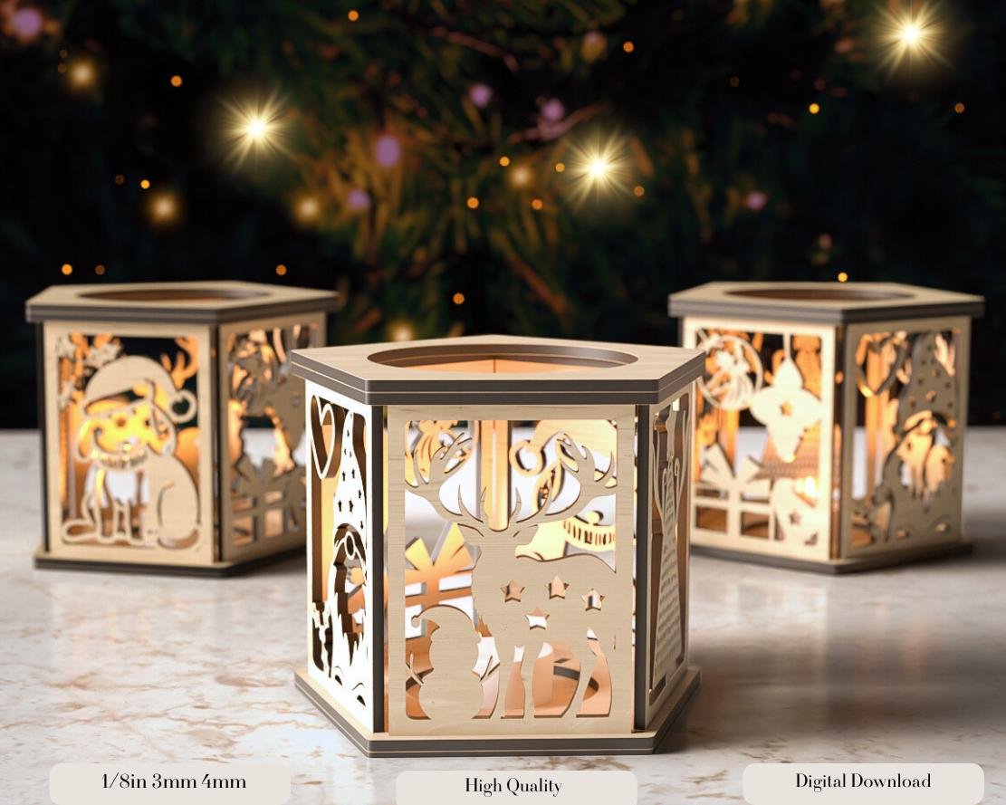 Christmas Decor Lantern Night Light Decoration Centerpiece SVG | Table Lampshade & Candle Holder Digital Download, Candl