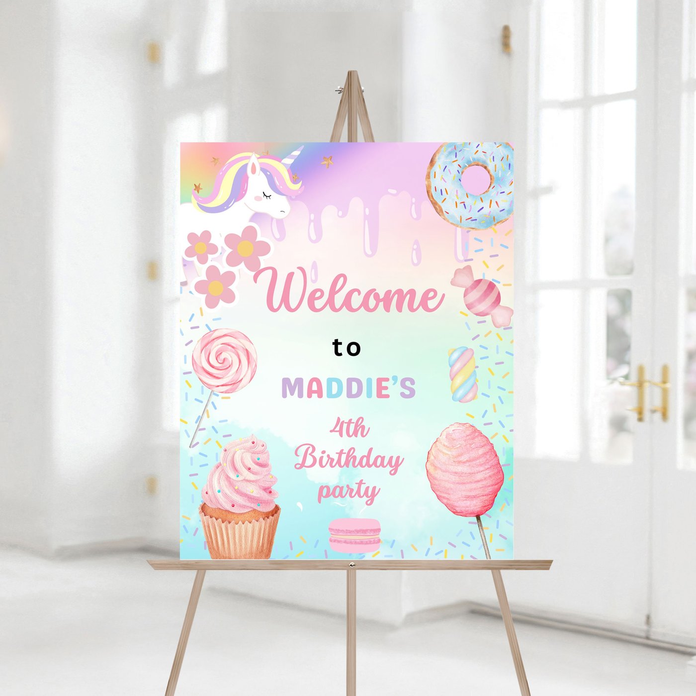 Editable cotton candy sweets Birthday Welcome Sign donut ice cream cupcake unicorn Birthday party Decor Sign Template Pr