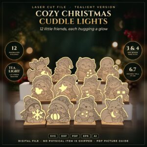 Christmas Tealight Holder SVG Bundle, 12 Cute Engraved Figures, Laser Cut Files, Santa Reindeer Snowman, Glowforge xTool