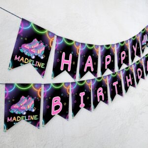 Editable Skate Party Happy Birthday Banner, Roller Skating, girl, boy, Retro Neon Lights Party banner Decoration 1166