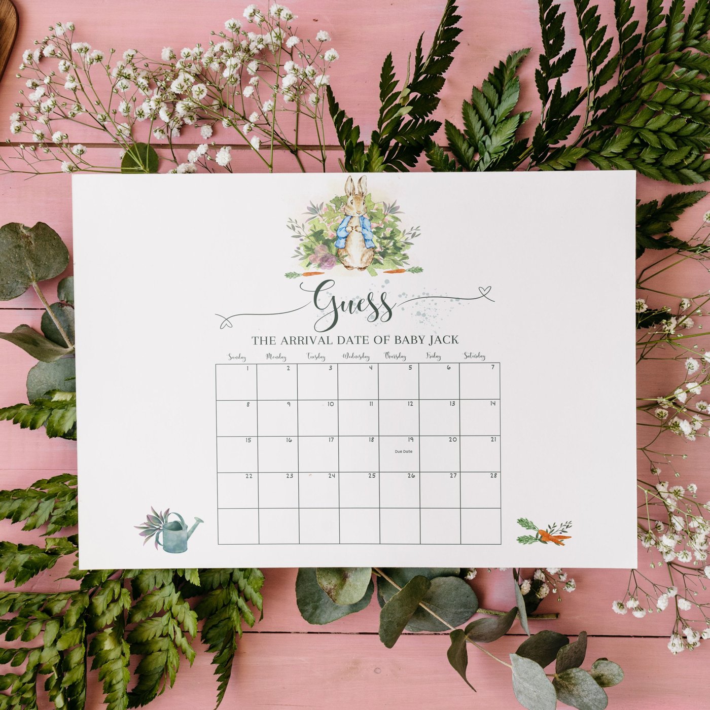Editable Peter Rabbit Baby Shower Due Date Calendar, Guess Baby's Birth Date, Guess Baby Birthday Calendar, Boy Blue Rus
