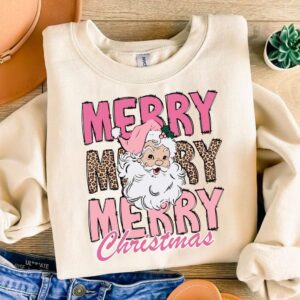 Leopard Merry Christmas PNG, Pink Christmas Png, Santa Claus Png, Christmas Sublimation Designs, Christmas Png, Retro C