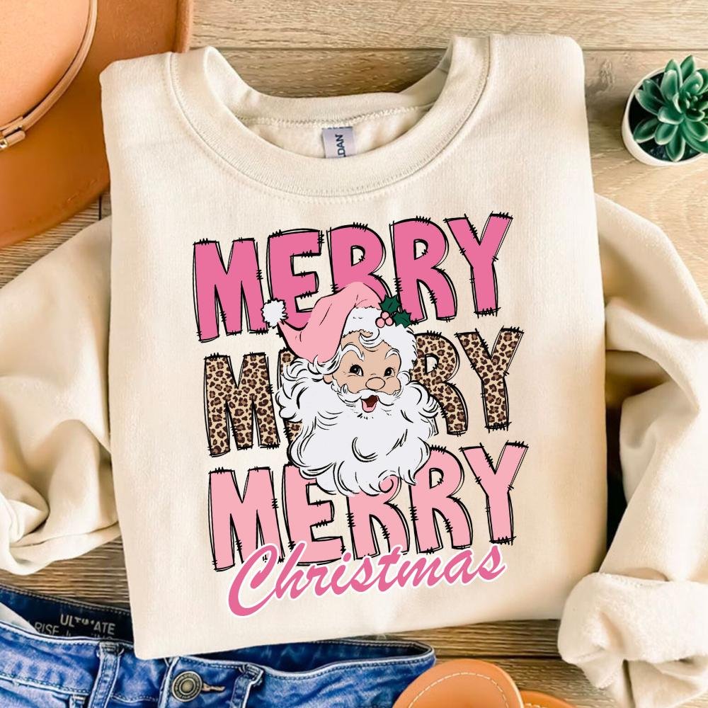 Leopard Merry Christmas PNG, Pink Christmas Png, Santa Claus Png, Christmas Sublimation Designs, Christmas Png, Retro C