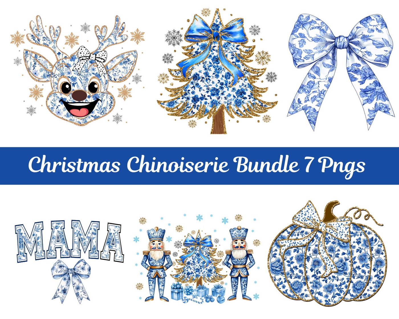Coquette Glitter Chinoiserie Christmas Png Bundle, Christmas Toile Png, Blue Floral Bow, Preppy Christmas Png, Coquette