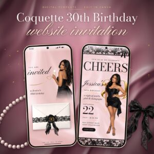 30th Birthday Invitation with RSVP, Pink Black Coquette Birthday Invite, Any Age Lace Bow Digital Invitation Website Mus