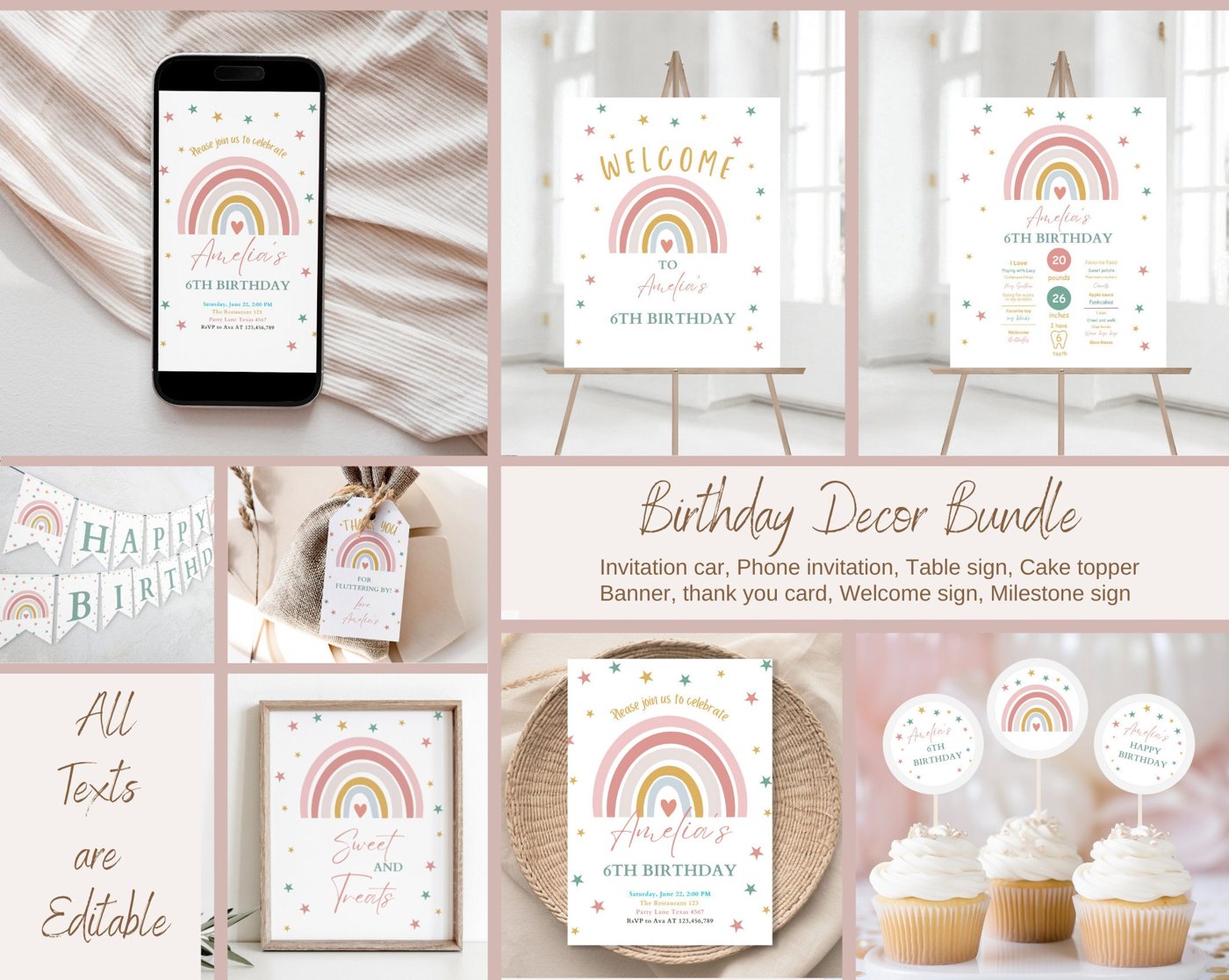 Editable Bundle of Rainbow Birthday Invitation for Girls, Gold Stars Modern/Boho Rainbow, Fun Girls Birthday Invitation