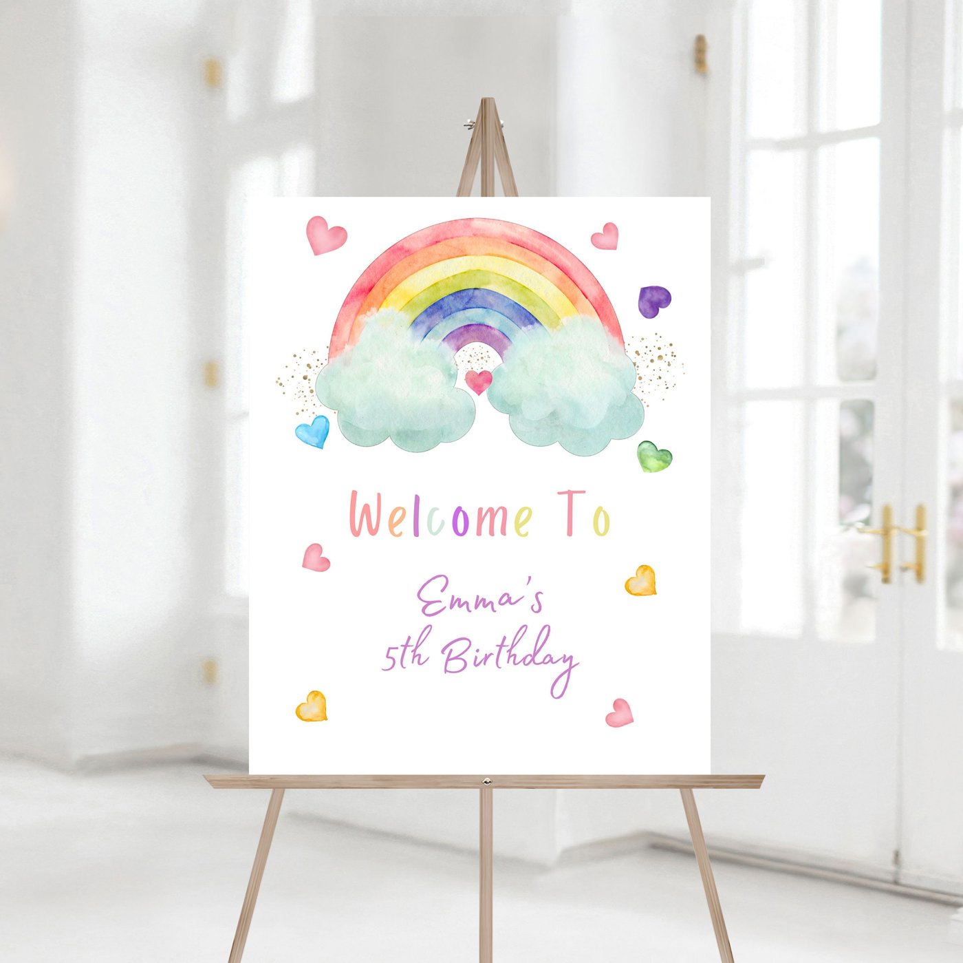 Editable Rainbow Birthday Party Welcome Sign, Girls Rainbow Party Rainbow Birthday Invite Pink Gold Birthday Party Decor