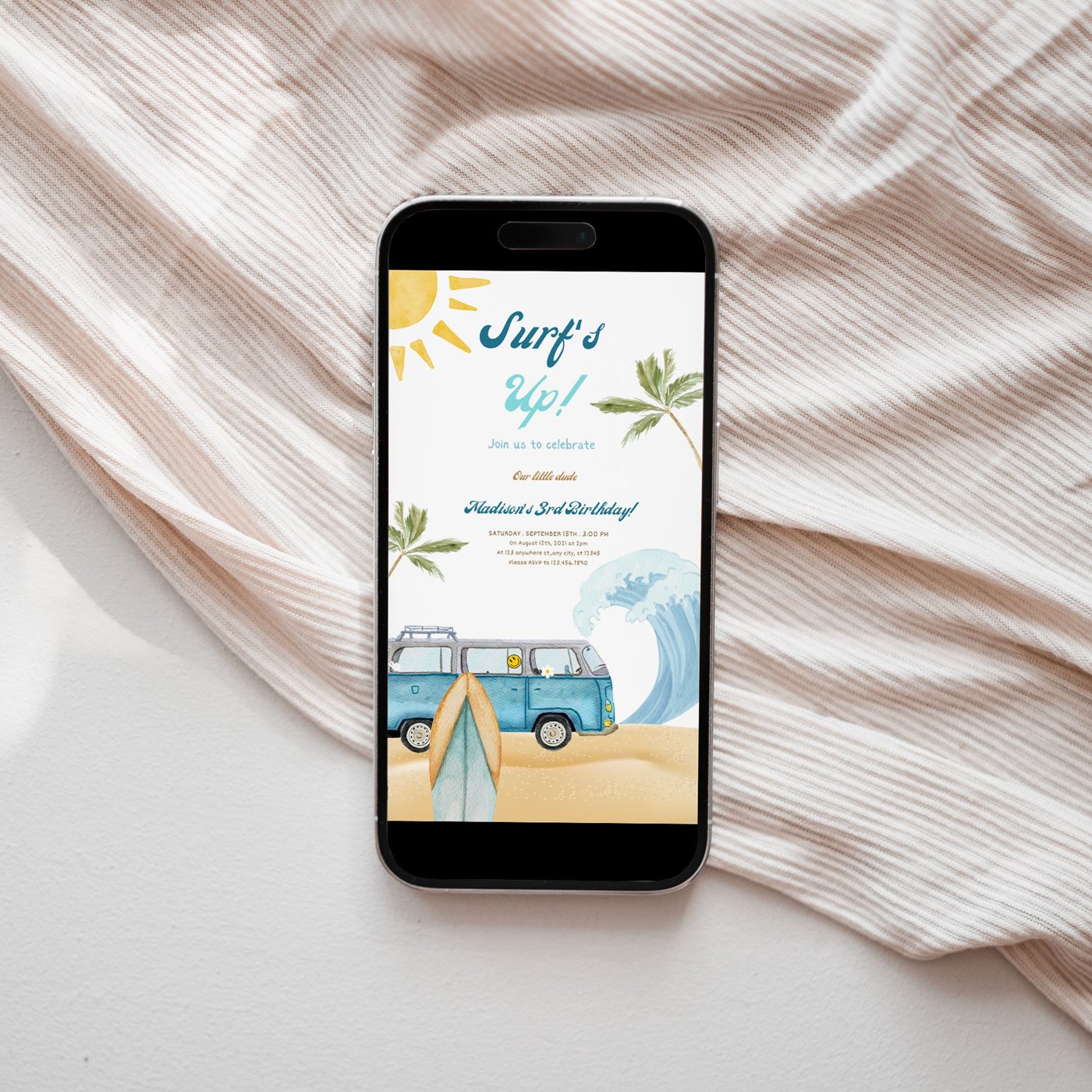 Editable Surf's Up Birthday Party Mobile Invitation Retro Surfboard Beach Party Wave Surfer The Big One Invite Download