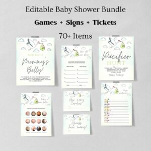 60 Printable Stork Baby Shower Games Bundle, Special delivery baby shower games, Stork with baby in blanket, Gender Neut
