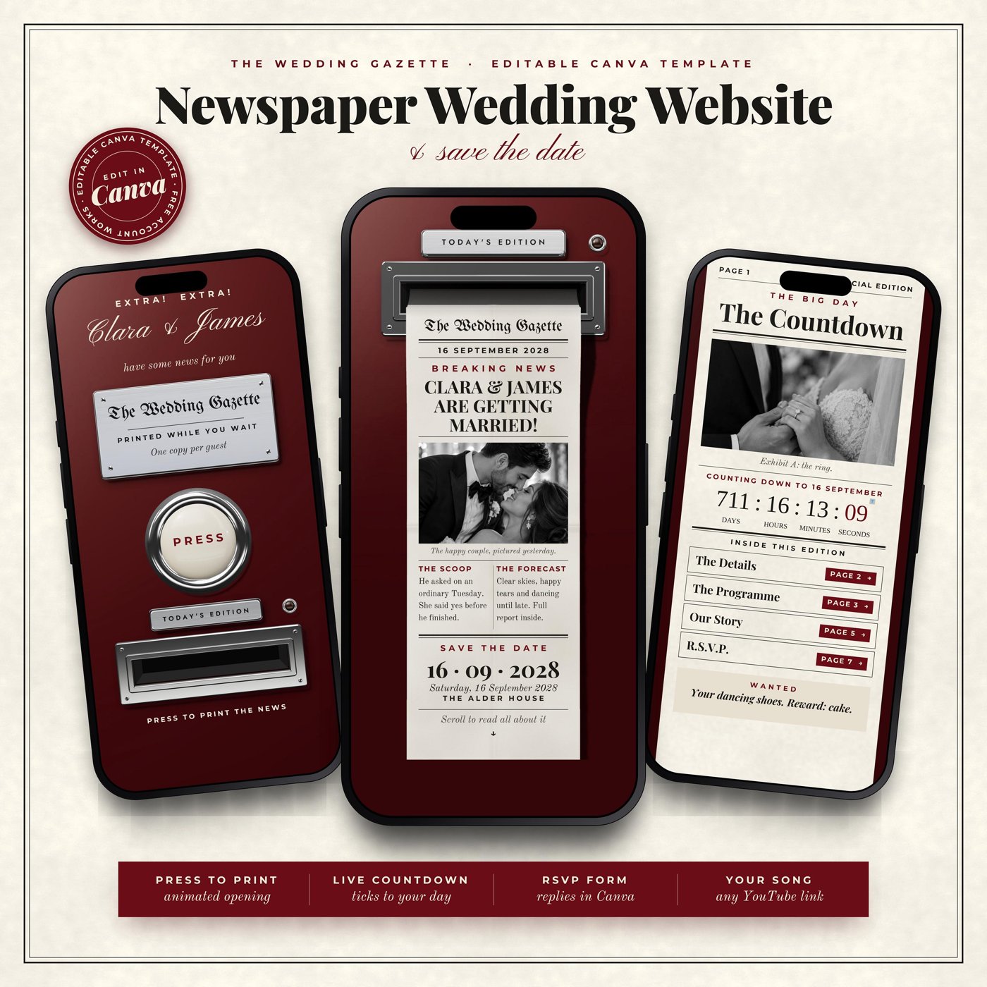 Newspaper Wedding Invite Template|, RSVP Music Track Responses Invitation Mariage Digital Wedding Invitation Countdown,C