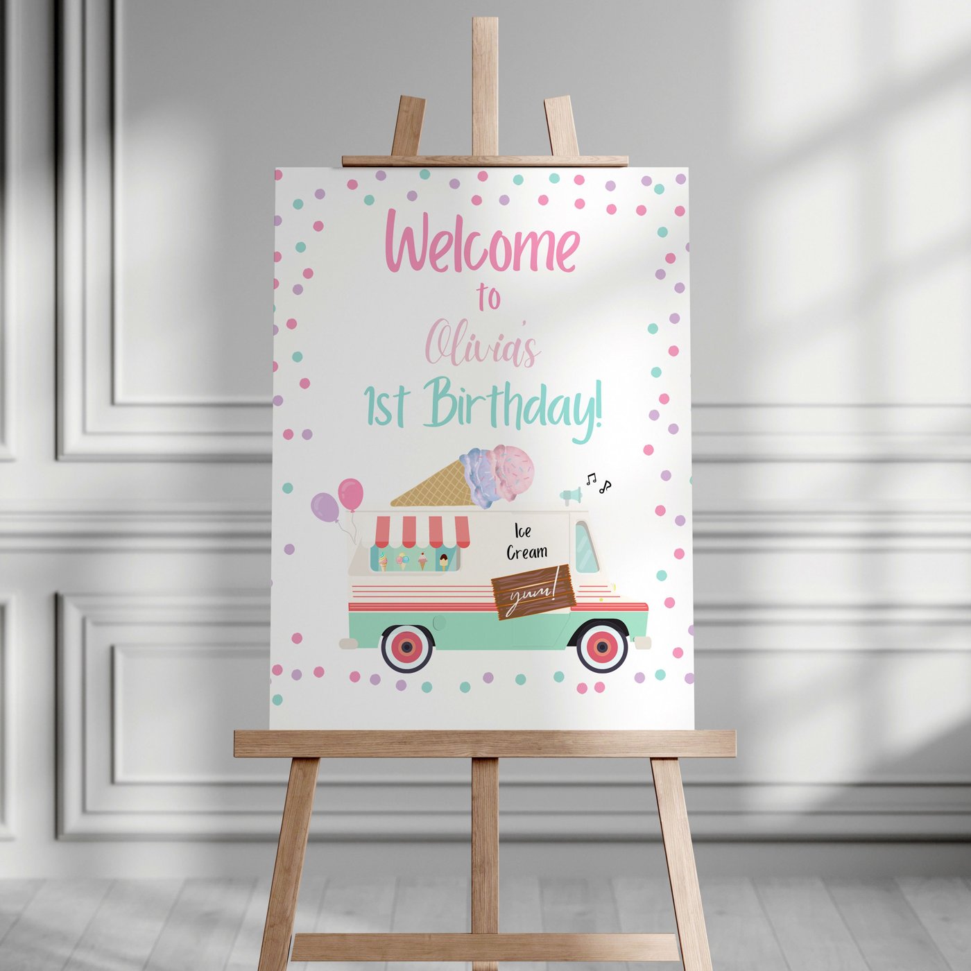 Editable Ice Cream Truck Party Welcome Sign Ice Cream Birthday Welcome Ice Cream Girl Summer Pink Mint Purple Template P