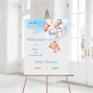 Editable Bear Baby Shower Welcome Sign, We Can Bearly Wait Boy Bear With Balloons Welcome Sign, Printable Baby Shower Si