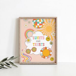 Sweets and Treats Sign Groovy Birthday Sign Groovy Party Sign Rainbow 70s Hippie Sun Boho Flower Power Treats Snacks Dow