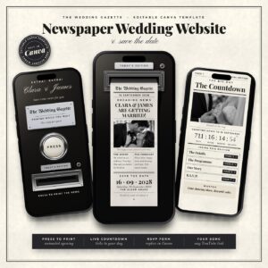 Newspaper Wedding Invite Template|, RSVP Music Track Responses Invitation Mariage Digital Wedding Invitation Countdown,C