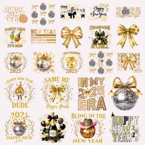New Year 2025 PNG Bundle Coquette Bow Retro Disco Ball 2025 Era Same Me Bigger Goals Good Vibes PNG Champagne And Chill