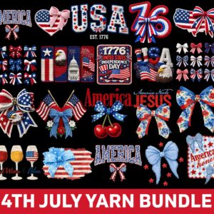 4th Of July PNG Bundle Faux Yarn USA Flag Coquette Bow Land Of The Free Crochet Knit Sublimation Freedom Independence Da