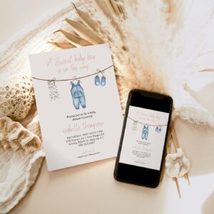 Boy Baby Shower Invitation, Boy Baby Clothes Shower Invite, Boho Baby Shower Mobile Invitation, Baby Clothes Shower, Tem
