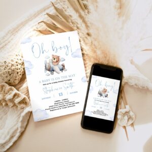Airplane Teddy Bear Baby Shower Invitation | Blue Airplane Oh Boy Fly high We Can Bearly Wait Blue airplane Editable Pri