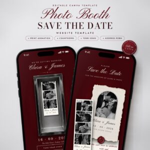 Photo Booth Save the Date Website Template, Animated Photo Strip Wedding Invitation, Canva Wedding Website, Burgundy Arc