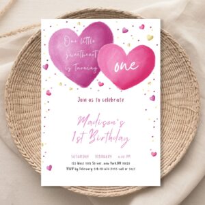 Editable Little Sweetheart Birthday Invitation Valentine's Birthday Invite Pink Gold Hearts Girl Valentine's Day Party D