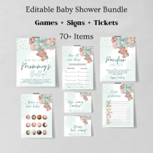 Teddy Bear Baby Shower Games Printable, Editable Baby Shower Games Bundle, Baby Shower Games, Green balloon baby shower
