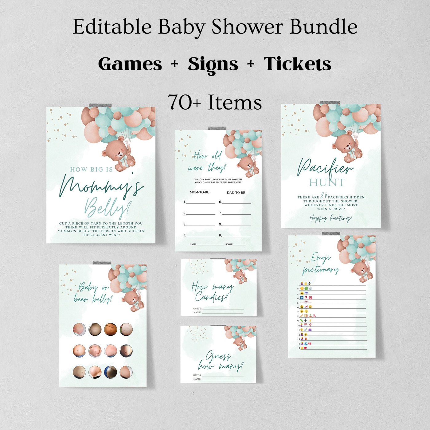 Teddy Bear Baby Shower Games Printable, Editable Baby Shower Games Bundle, Baby Shower Games, Green balloon baby shower