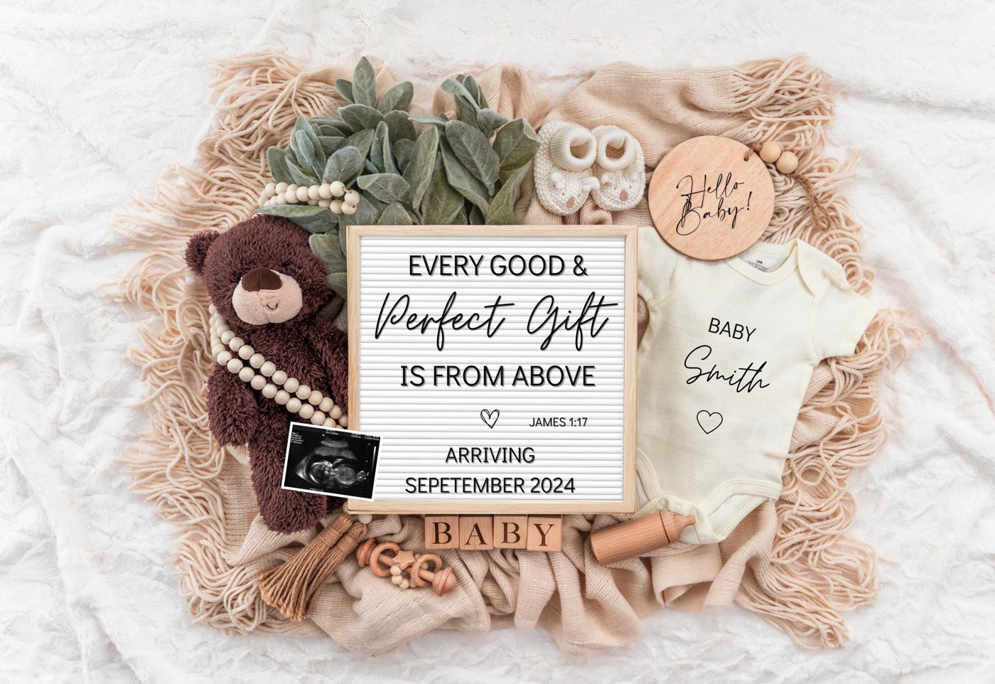 Neutral Pregnancy Announcement Digital | Scripture Baby Announcement | Social Media Facebook Instagram | Editable Templa
