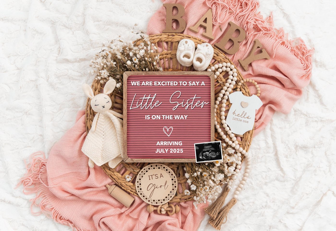 Girl Pregnancy Announcement Digital Baby Announcement Girl Gender Reveal Social Media Reveal Editable Template, Elegant