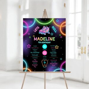 Editable Skate Party Birthday Party Milestones Sign, Roller Skating, girl, boy, Retro Neon Lights party Sign Decor 1166