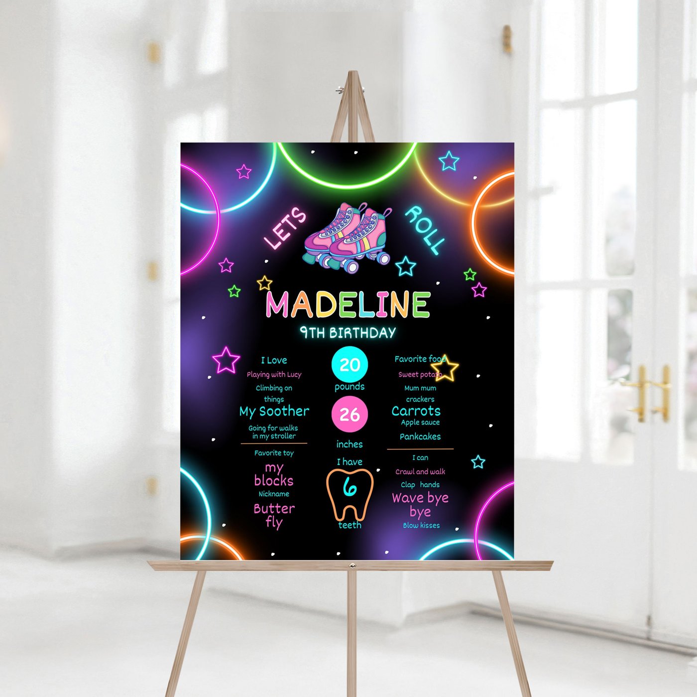 Editable Skate Party Birthday Party Milestones Sign, Roller Skating, girl, boy, Retro Neon Lights party Sign Decor 1166