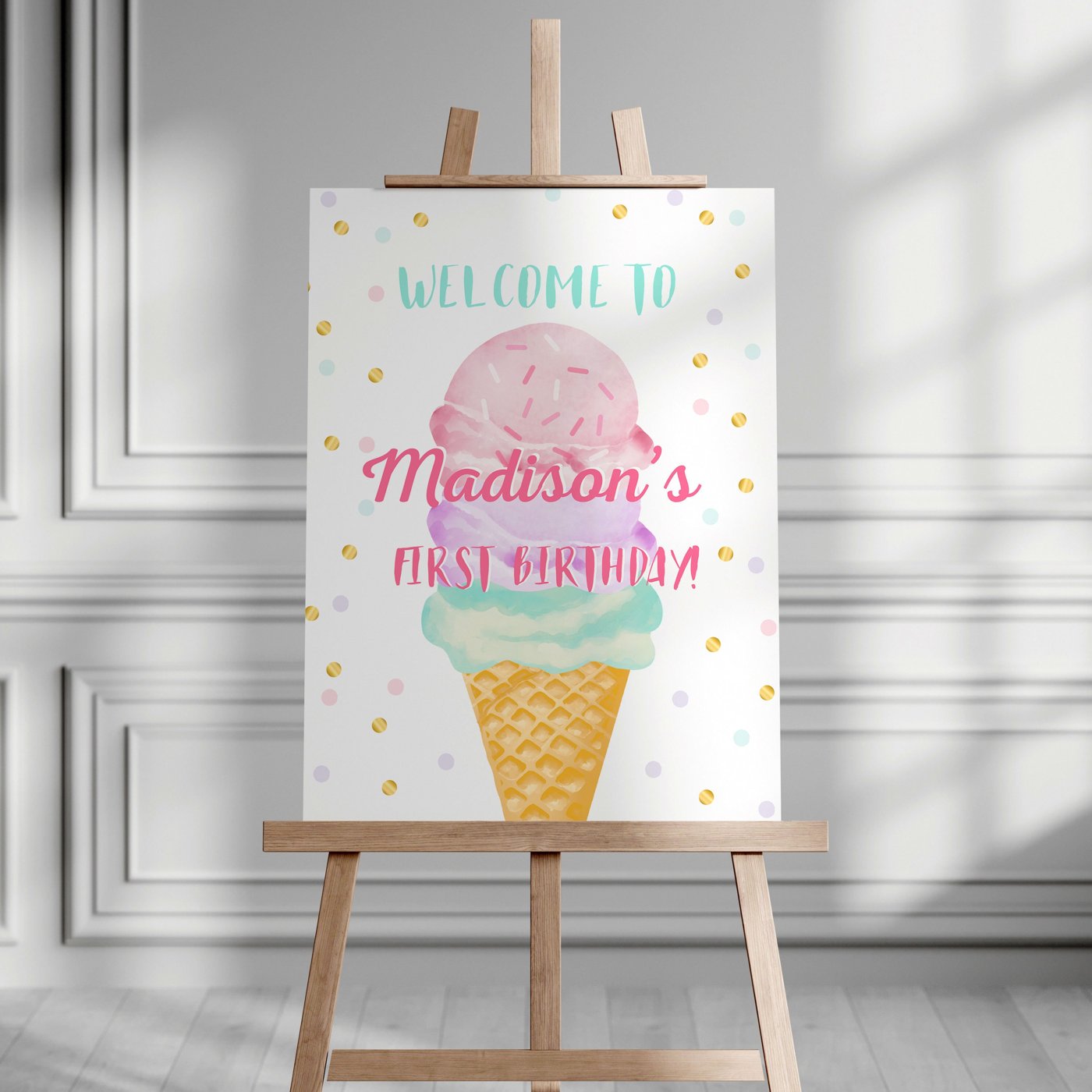 Editable Ice Cream Party Welcome Sign ice Cream Birthday Welcome Ice Cream Welcome Girl Summer Pink Purple Template PRIN