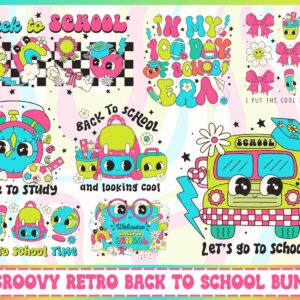 Groovy retro Back to school Bundle, First Day Of School Png, Teacher Pencil Png, Retro Png, Bright Doodles, Back To Scho