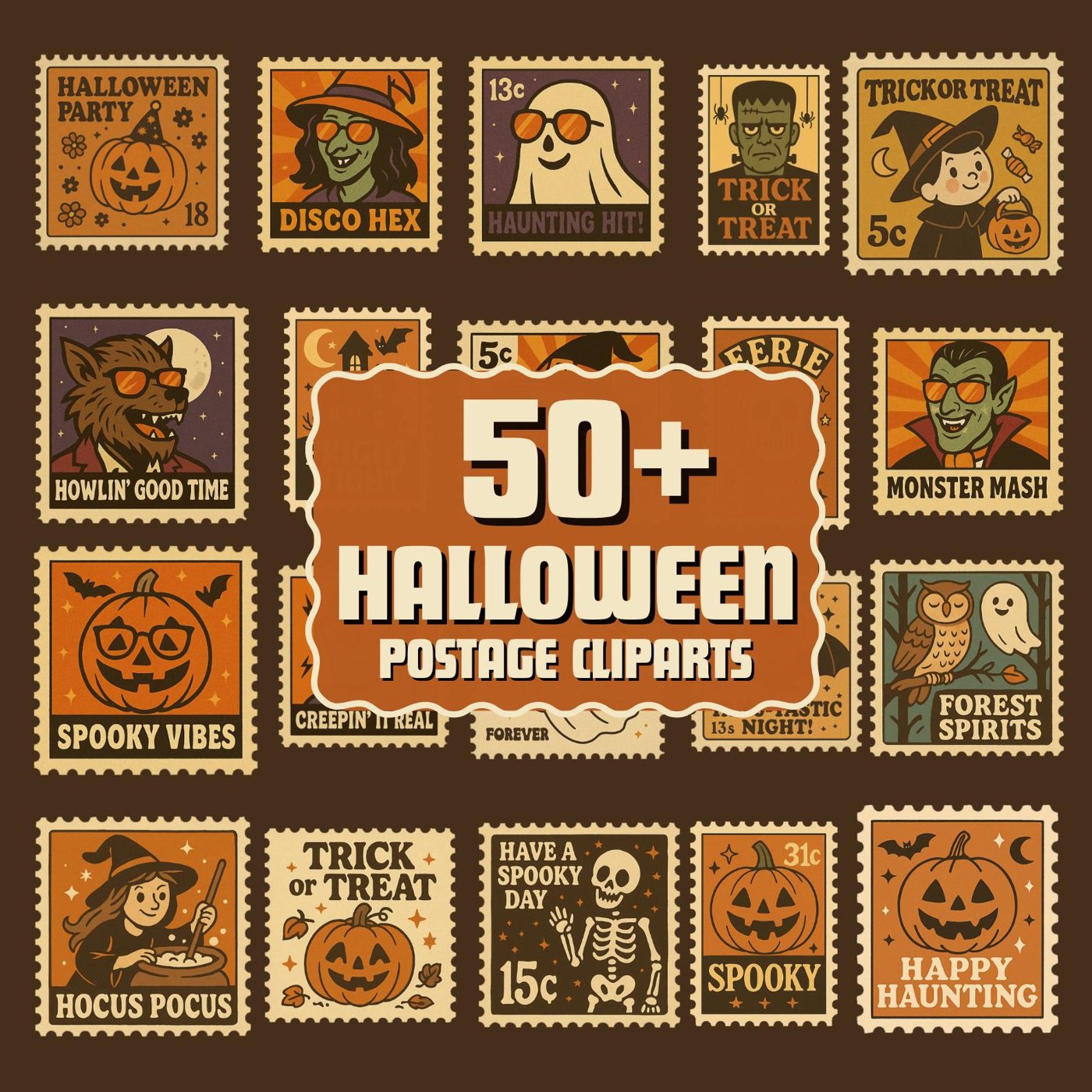 50+ Vintage Halloween Postage Stamp Clipart | halloween sublimation | spooky Retro Halloween | halloween svg halloween c