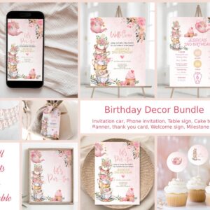 Bundle Editable Tea Party Birthday Invitation Girl Par-Tea Invite Floral Pink Gold Whimsical Tea Download Printable Temp