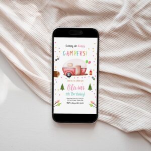 Editable Happy Camper Birthday Electronic Invitation Girl Pink Camping Party Pink Camper Glamping Digital Mobile invitat