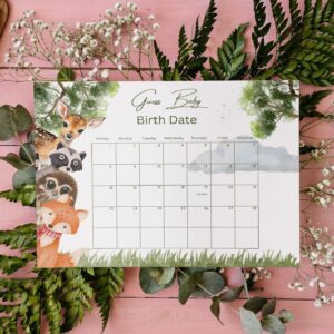 Editable Woodland Boy Baby Shower Due Date Calendar, Guess Birth Date, Guess Baby Birthday Calendar, Boy Forest Animals